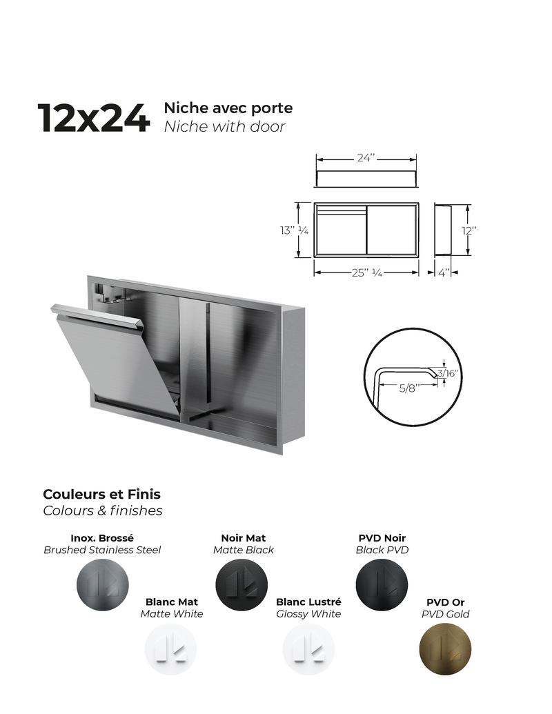Zvelt Luxury 12" x 24" Horizontal Shower Niche With Removable Door & Hook Black Stainless Steel PVD Finish - 12X24-DOOR-BPVD