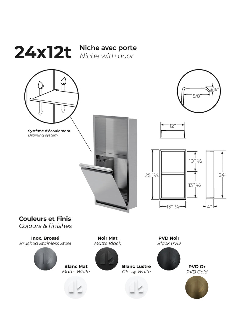Zvelt Luxury 12" x 24" Vertical Shower Niche With Removable Door & Hook Black Stainless Steel PVD Finish - 24X12T-DOOR-BPVD