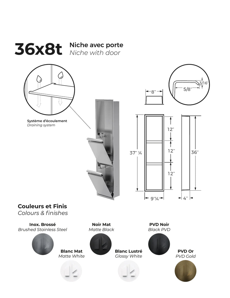 Zvelt Luxury 8" x 36" Shower Niche With Removable Door & Hook Black Stainless Steel PVD Finish - 36X8T-DOOR-BPVD