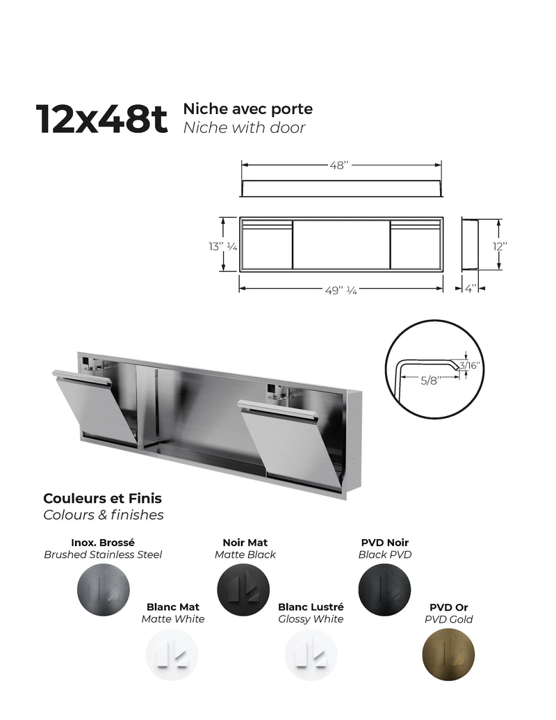 Zvelt Luxury 12" x 48" Shower Niche With Removable Door & Hook Black Stainless Steel PVD Finish - 12X48-DOOR-BPVD