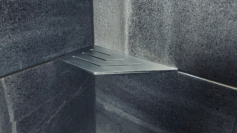 Zvelt 4" X 8" Corner Shelf for Tiled Showers Stainless Steel Finish - TC-A8-BSS