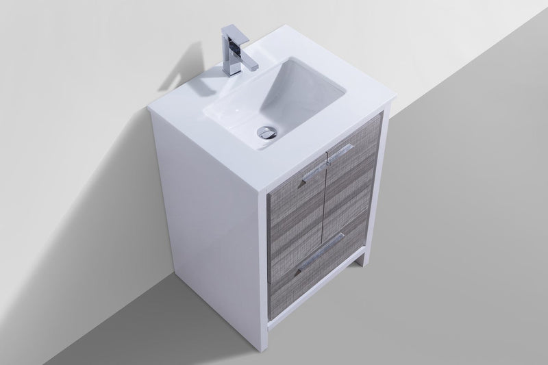 Kube Bath Dolce 24" High Gloss Ash Gray and White Modern Bathroom Vanity with White Quartz Counter-Top - AD624HG