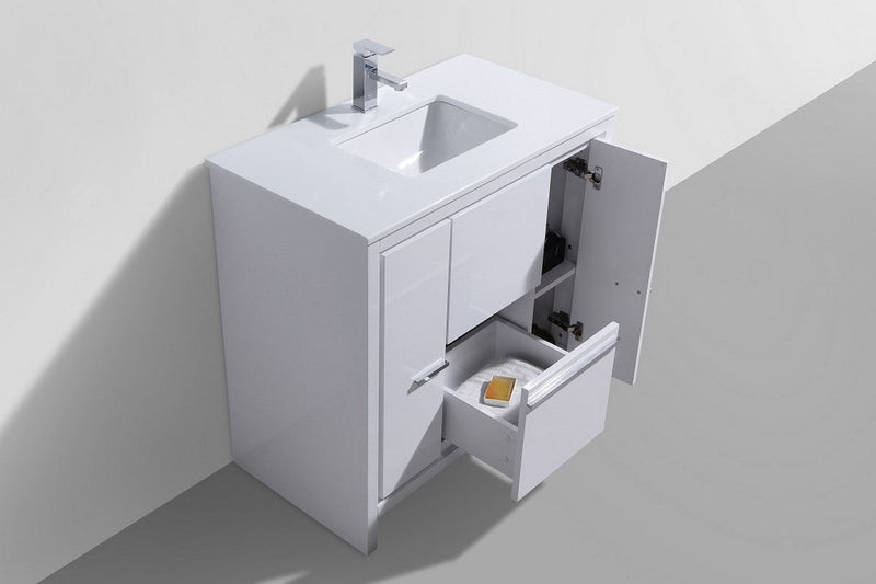 Kube Bath Dolce 36" High Gloss White Modern Bathroom Vanity with White Quartz Counter-Top - AD636GW