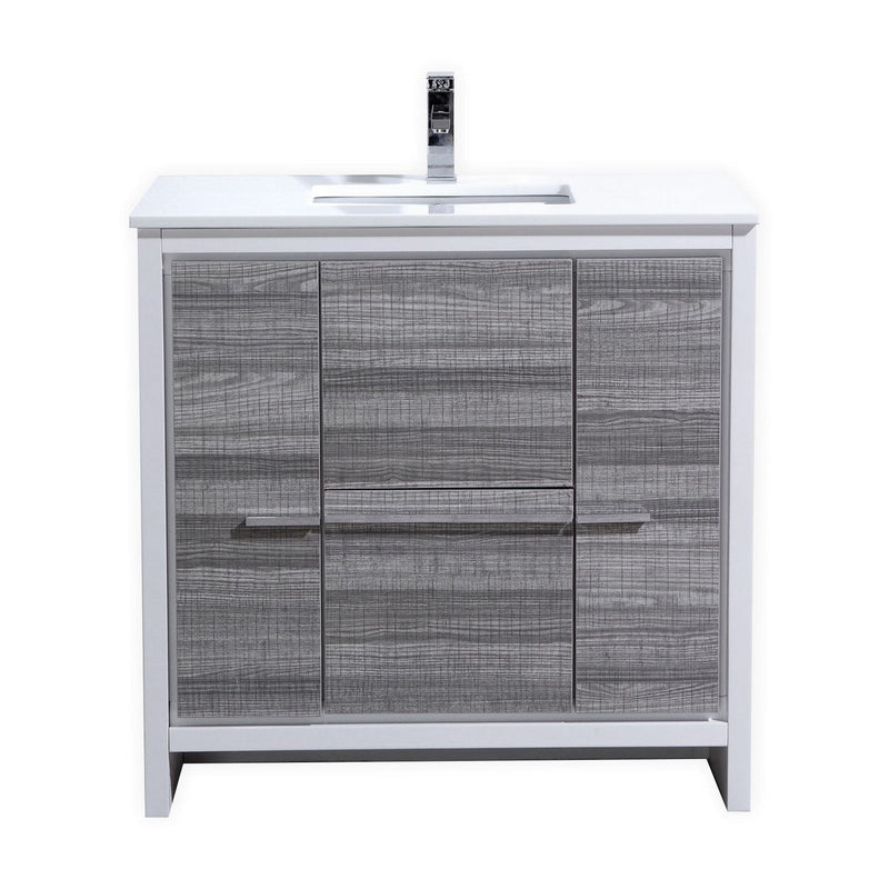 Kube Bath Dolce 36" High Gloss Ash Gray and White Modern Bathroom Vanity with White Quartz Counter-Top - AD636HG