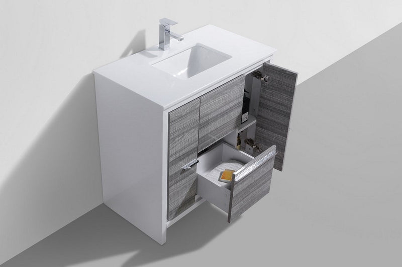 Kube Bath Dolce 36" High Gloss Ash Gray and White Modern Bathroom Vanity with White Quartz Counter-Top - AD636HG