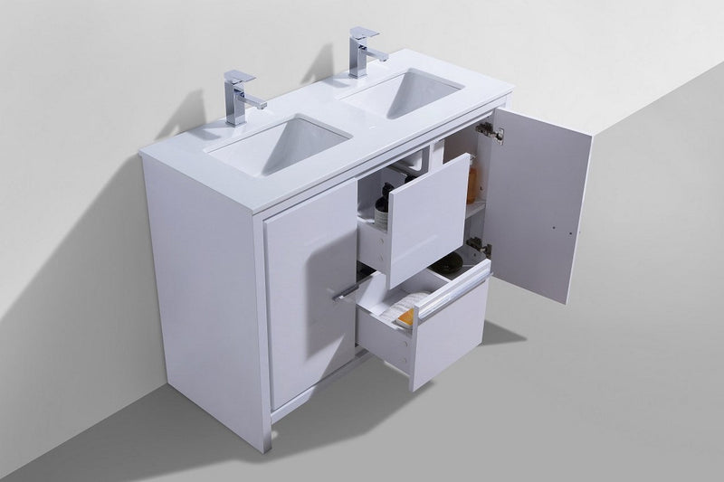 Kube Bath Dolce 48" Double Sink High Gloss White Modern Bathroom Vanity with White Quartz Counter-Top - AD648DGW