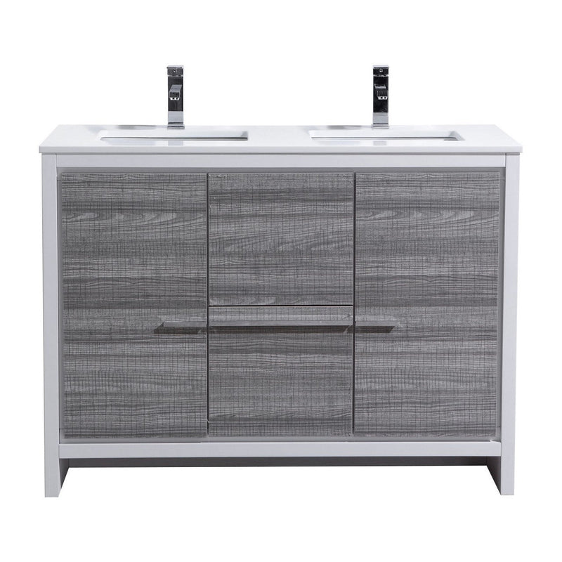 Kube Bath Dolce 48" Double Sink High Gloss Ash Gray and White Modern Bathroom Vanity with White Quartz Counter-Top - AD648DHG