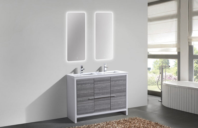 Kube Bath Dolce 48" Double Sink High Gloss Ash Gray and White Modern Bathroom Vanity with White Quartz Counter-Top - AD648DHG