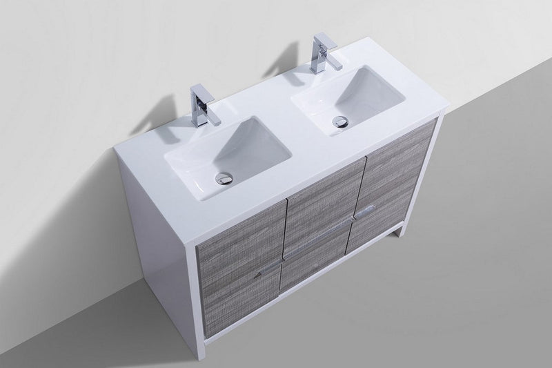 Kube Bath Dolce 48" Double Sink High Gloss Ash Gray and White Modern Bathroom Vanity with White Quartz Counter-Top - AD648DHG