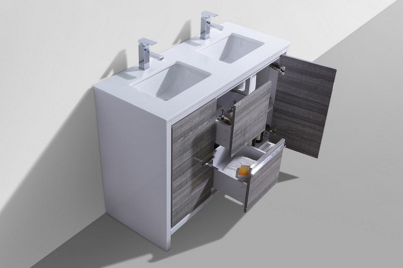 Kube Bath Dolce 48" Double Sink High Gloss Ash Gray and White Modern Bathroom Vanity with White Quartz Counter-Top - AD648DHG