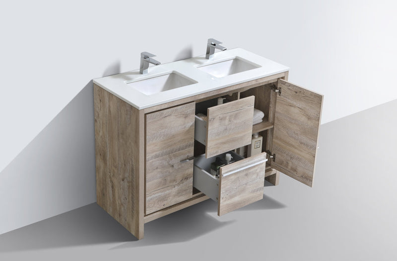 Kube Bath Dolce 48" Double Sink Nature Wood Modern Bathroom Vanity with White Quartz Counter-Top - AD648DNW