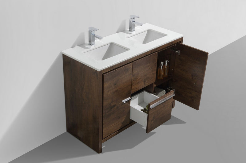Kube Bath Dolce 48" Double Sink Rose Wood Modern Bathroom Vanity with White Quartz Counter-Top - AD648DRW