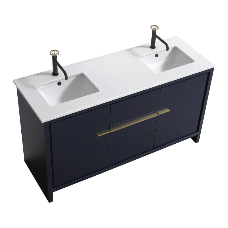 Kube Bath Dolce 60" Double Sink Navy Blue Modern Bathroom Vanity with White Quartz Counter-Top - AD660DBLUE