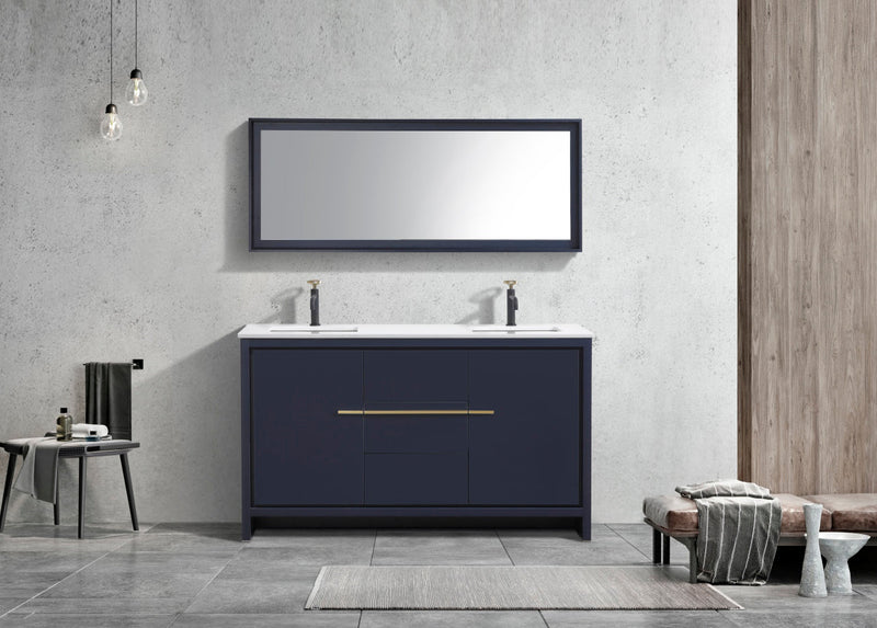 Kube Bath Dolce 60" Double Sink Navy Blue Modern Bathroom Vanity with White Quartz Counter-Top - AD660DBLUE