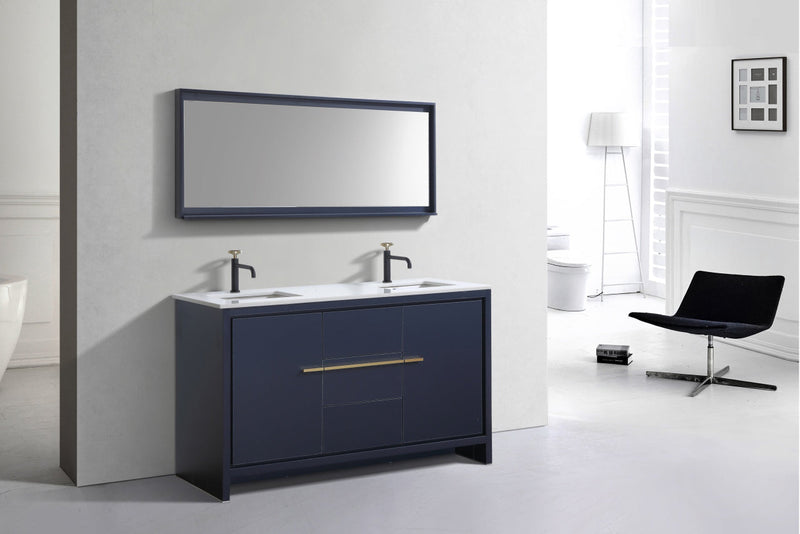 Kube Bath Dolce 60" Double Sink Navy Blue Modern Bathroom Vanity with White Quartz Counter-Top - AD660DBLUE