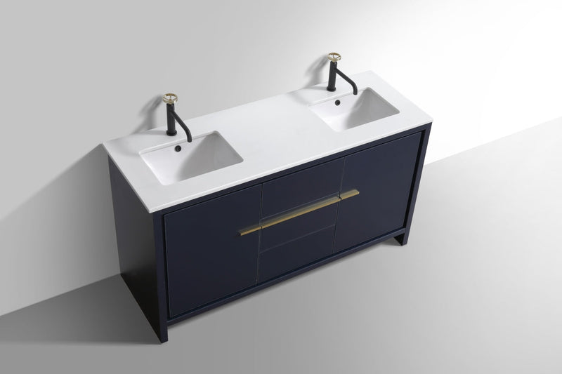 Kube Bath Dolce 60" Double Sink Navy Blue Modern Bathroom Vanity with White Quartz Counter-Top - AD660DBLUE