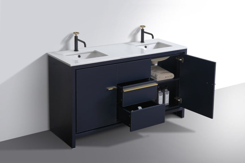 Kube Bath Dolce 60" Double Sink Navy Blue Modern Bathroom Vanity with White Quartz Counter-Top - AD660DBLUE