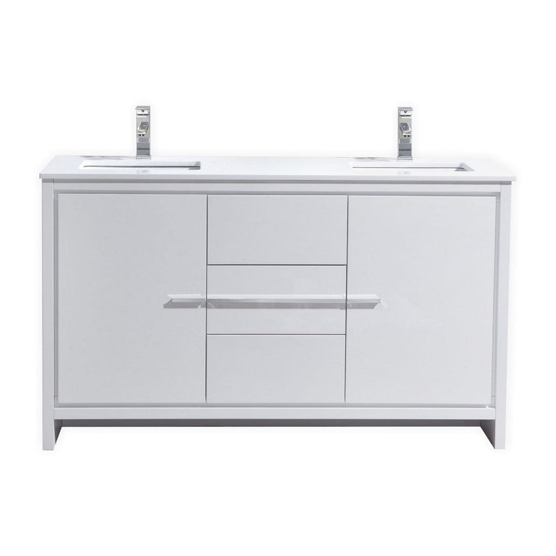 Kube Bath Dolce 60" Double Sink High Gloss White Modern Bathroom Vanity with White Quartz Counter-Top - AD660DGW