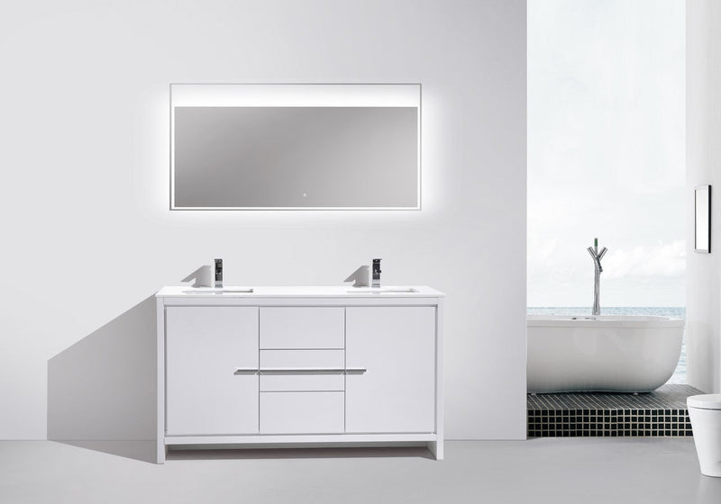 Kube Bath Dolce 60" Double Sink High Gloss White Modern Bathroom Vanity with White Quartz Counter-Top - AD660DGW