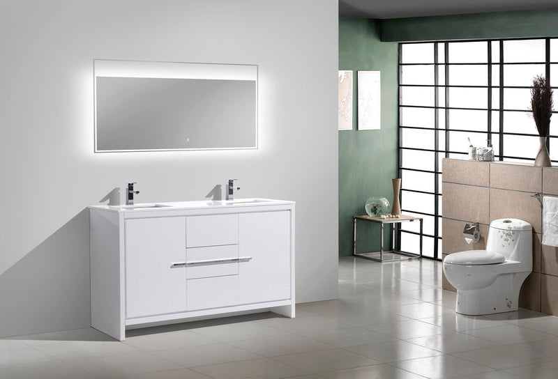 Kube Bath Dolce 60" Double Sink High Gloss White Modern Bathroom Vanity with White Quartz Counter-Top - AD660DGW
