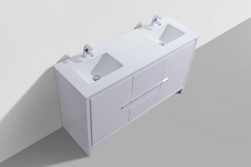 Kube Bath Dolce 60" Double Sink High Gloss White Modern Bathroom Vanity with White Quartz Counter-Top - AD660DGW