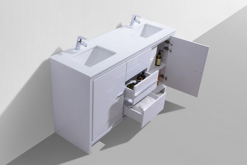 Kube Bath Dolce 60" Double Sink High Gloss White Modern Bathroom Vanity with White Quartz Counter-Top - AD660DGW