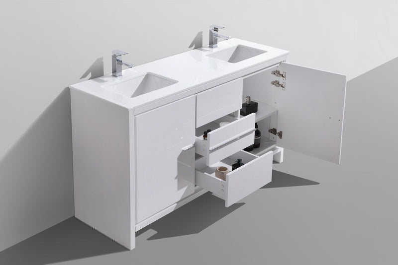 Kube Bath Dolce 60" Double Sink High Gloss White Modern Bathroom Vanity with White Quartz Counter-Top - AD660DGW