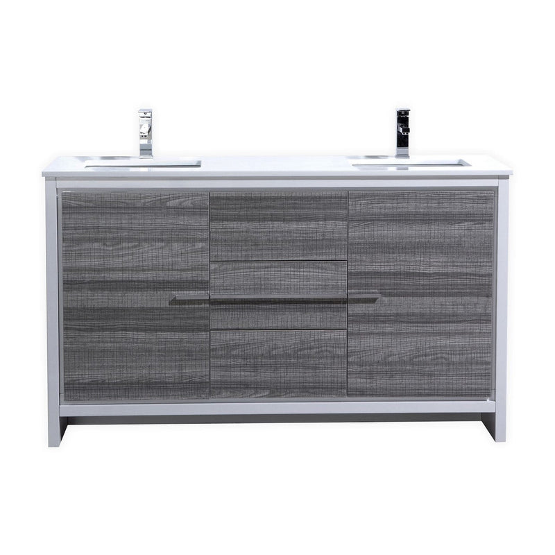 Kube Bath Dolce 60" Double Sink High Gloss Ash Gray and White Modern Bathroom Vanity with White Quartz Counter-Top - AD660DHG