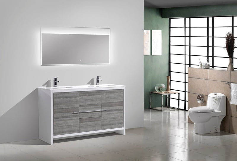 Kube Bath Dolce 60" Double Sink High Gloss Ash Gray and White Modern Bathroom Vanity with White Quartz Counter-Top - AD660DHG