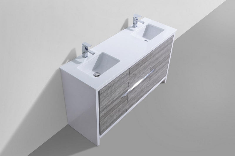 Kube Bath Dolce 60" Double Sink High Gloss Ash Gray and White Modern Bathroom Vanity with White Quartz Counter-Top - AD660DHG