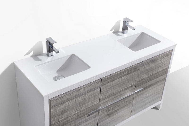 Kube Bath Dolce 60" Double Sink High Gloss Ash Gray and White Modern Bathroom Vanity with White Quartz Counter-Top - AD660DHG