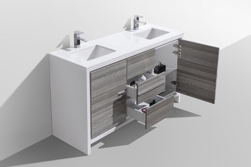 Kube Bath Dolce 60" Double Sink High Gloss Ash Gray and White Modern Bathroom Vanity with White Quartz Counter-Top - AD660DHG
