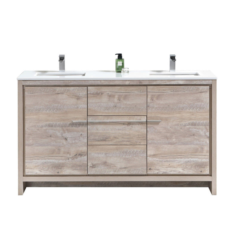 Kube Bath Dolce 60" Double Sink Nature Wood Modern Bathroom Vanity with White Quartz Counter-Top - AD660DNW