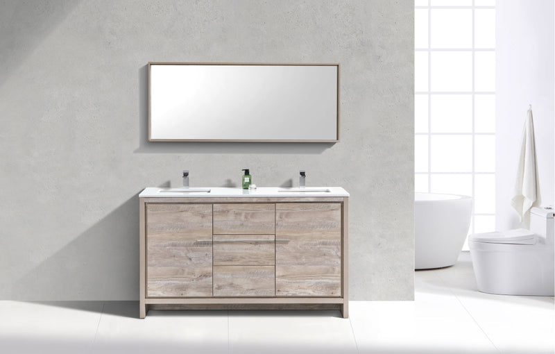 Kube Bath Dolce 60" Double Sink Nature Wood Modern Bathroom Vanity with White Quartz Counter-Top - AD660DNW