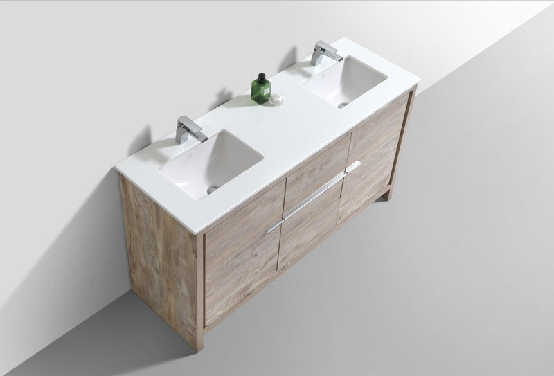 Kube Bath Dolce 60" Double Sink Nature Wood Modern Bathroom Vanity with White Quartz Counter-Top - AD660DNW
