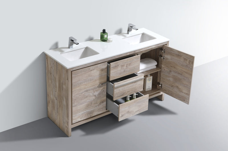 Kube Bath Dolce 60" Double Sink Nature Wood Modern Bathroom Vanity with White Quartz Counter-Top - AD660DNW