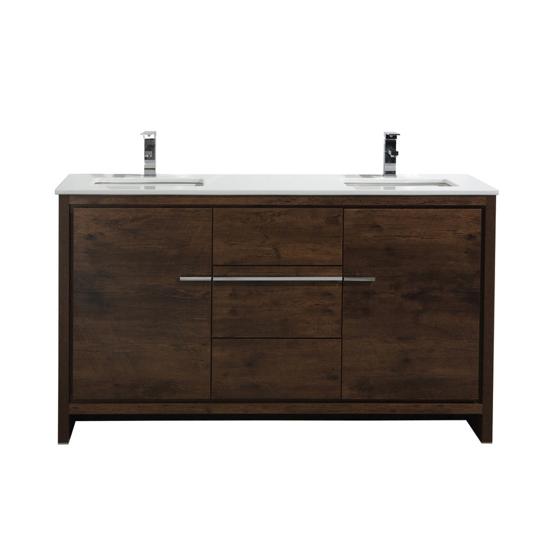 Kube Bath Dolce 60" Double Sink Rose Wood Modern Bathroom Vanity with White Quartz Counter-Top - AD660DRW