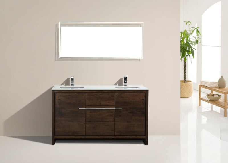Kube Bath Dolce 60" Double Sink Rose Wood Modern Bathroom Vanity with White Quartz Counter-Top - AD660DRW