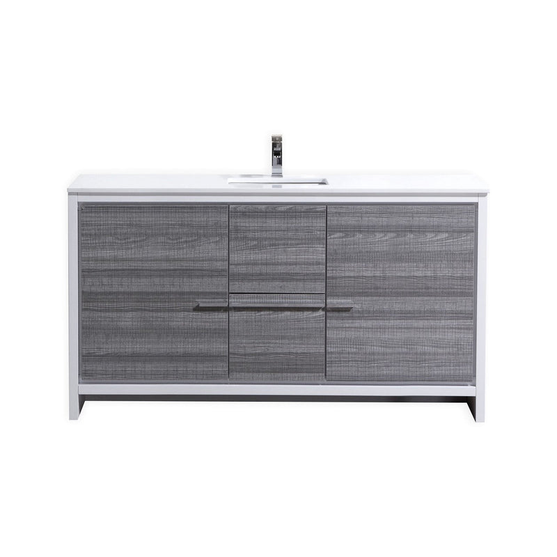 Kube Bath Dolce 60" Single Sink High Gloss Ash Gray and White Modern Bathroom Vanity with White Quartz Counter-Top - AD660SHG