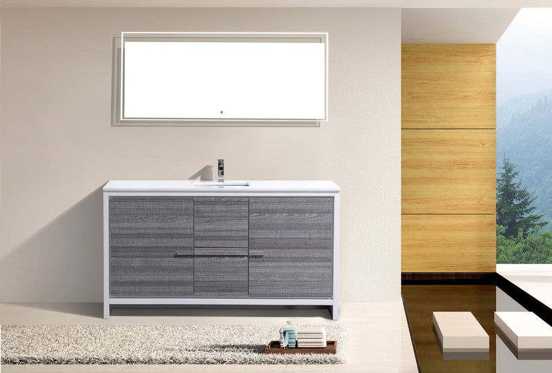 Kube Bath Dolce 60" Single Sink High Gloss Ash Gray and White Modern Bathroom Vanity with White Quartz Counter-Top - AD660SHG