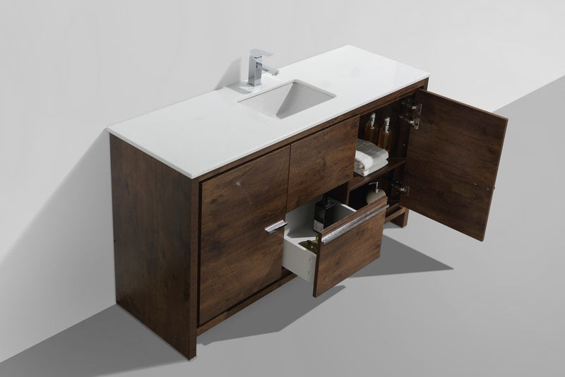 Kube Bath Dolce 60" Single Sink Rose Wood Modern Bathroom Vanity with White Quartz Counter-Top - AD660SRW