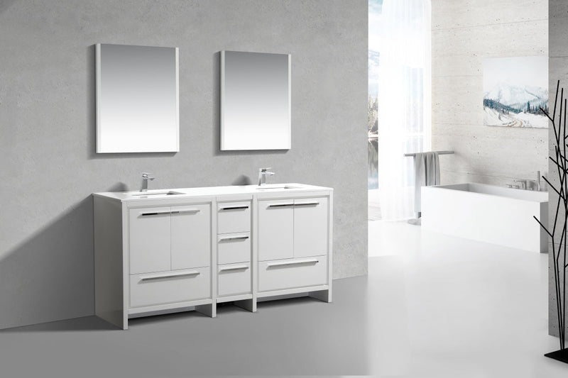 Kube Bath Dolce 72" Double Sink High Gloss White Modern Bathroom Vanity with White Quartz Counter-Top - AD672GW