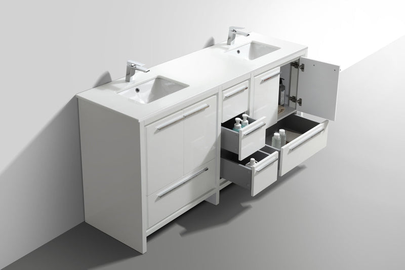 Kube Bath Dolce 72" Double Sink High Gloss White Modern Bathroom Vanity with White Quartz Counter-Top - AD672GW