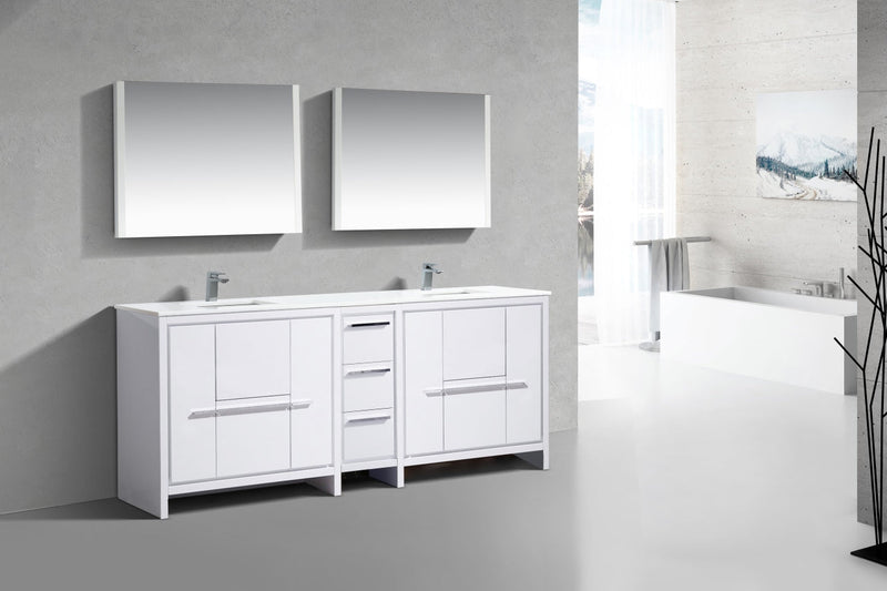 Kube Bath Dolce 84" Double Sink High Gloss White Modern Bathroom Vanity with White Quartz Counter-Top - AD684GW
