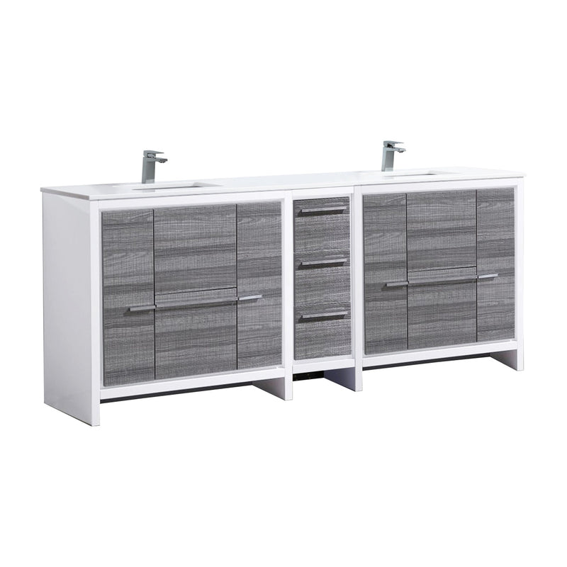 Kube Bath Dolce 84" Double Sink High Gloss Ash Gray and White Modern Bathroom Vanity with White Quartz Counter-Top - AD684HG