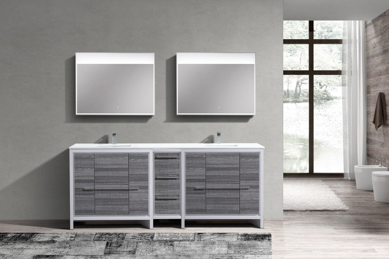 Kube Bath Dolce 84" Double Sink High Gloss Ash Gray and White Modern Bathroom Vanity with White Quartz Counter-Top - AD684HG