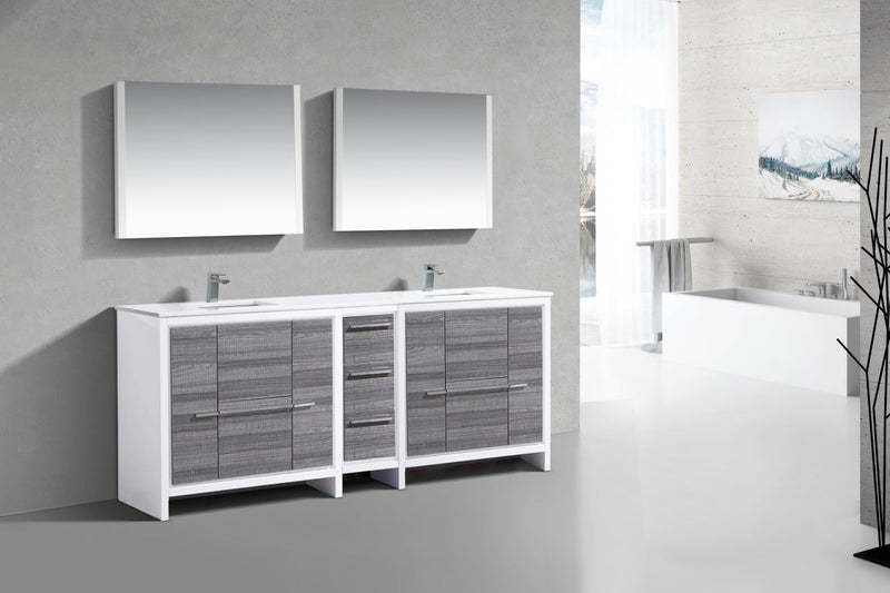 Kube Bath Dolce 84" Double Sink High Gloss Ash Gray and White Modern Bathroom Vanity with White Quartz Counter-Top - AD684HG