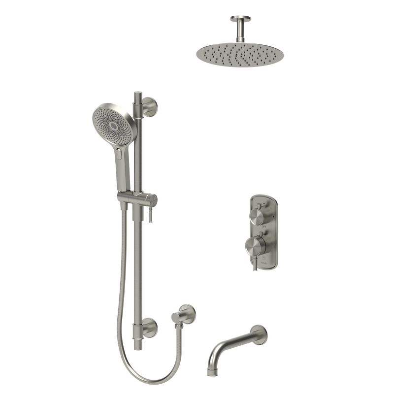 Tenzo Alyss Thermostatic Shower & Tub System with 10" S.S. Rain Head, Hand Shower & Tub Spout – Ceiling-Mount – Brushed Nickel – ALYT33-511315-BN