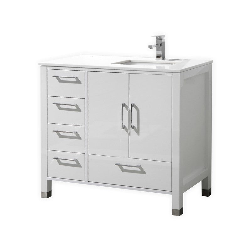 Kube Bath Anziano 36" Gloss White Vanity w/ Left Side Drawers and Quartz Countertop - ASL1536L-GW