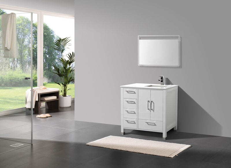 Kube Bath Anziano 36" Gloss White Vanity w/ Left Side Drawers and Quartz Countertop - ASL1536L-GW